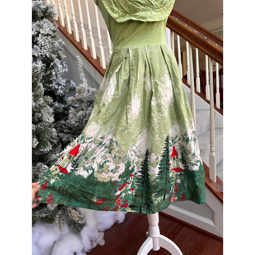 Unique Vintage 1950s Style Milk Maid Retro Swiss Alps Green White Cocktail Dress - Picture 4 of 12